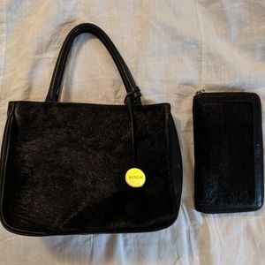 Vintage black calf hair FURLA and wallet